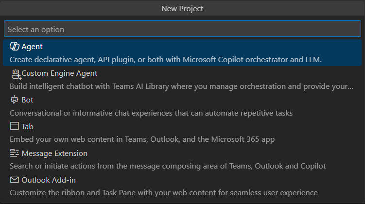 Screenshot shows the list of new Teams app menu to create in Visual Studio Code.